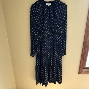 Boden Dress Size 8 Navy Gold Polka Dot Jersey Long Sleeve Midi Ruffle Fit Flare